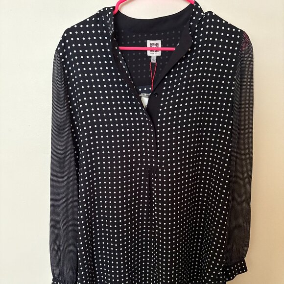 Anne Klein Chiffon long sleeve blouse, White polka dots. Size Large - Picture 1 of 6